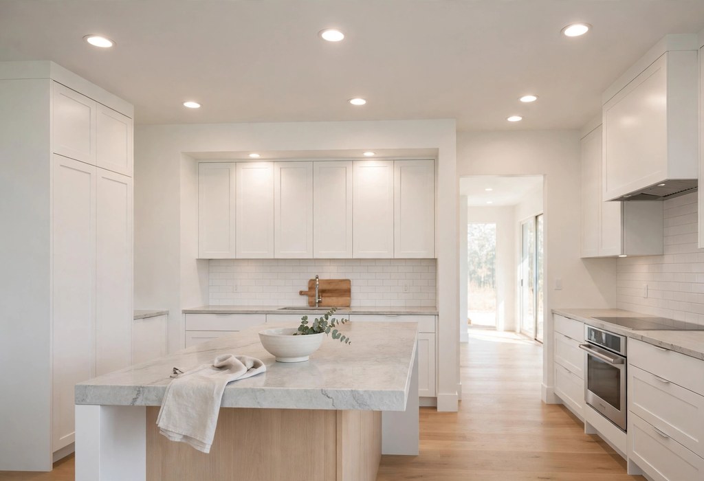 Recessed ceiling lights illuminating a modern kitchen with white cabinets