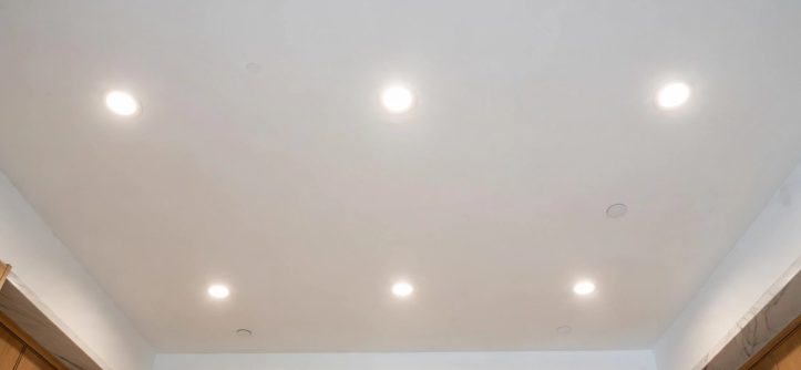 Recessed kitchen lighting layout with evenly spaced ceiling fixtures over countertops