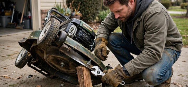 Homeowner wearing heavy gloves removing a lawn mower blade blocked with wood