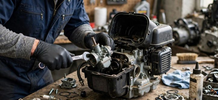 Technician removing a lawn mower carburetor behind the air filter housing on a workbench