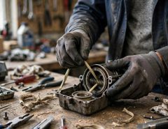Technician replacing a frayed starter cord inside an open recoil starter housing