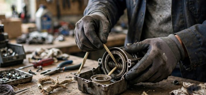 Technician replacing a frayed starter cord inside an open recoil starter housing