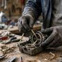 Technician replacing a frayed starter cord inside an open recoil starter housing