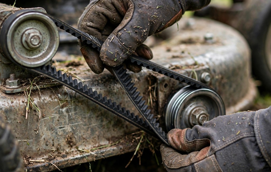 Hands in gloves routing a new drive belt around mower pulleys