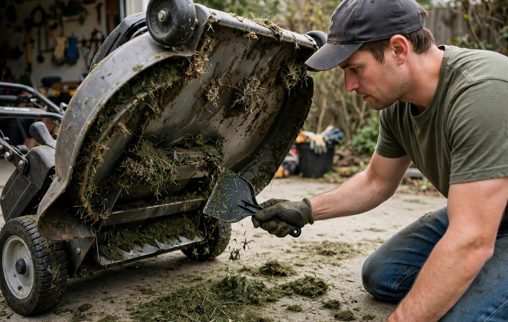 Winterize lawn mower: scraping packed grass from the underside of a mower deck