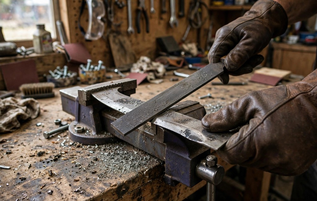 Gloved hands sharpening a lawn mower blade on a workbench