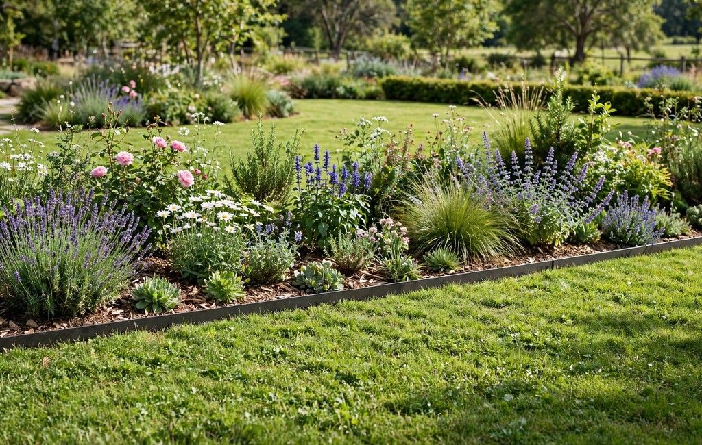 Metal garden edging: slim steel garden edging bordering a flower bed beside a lawn