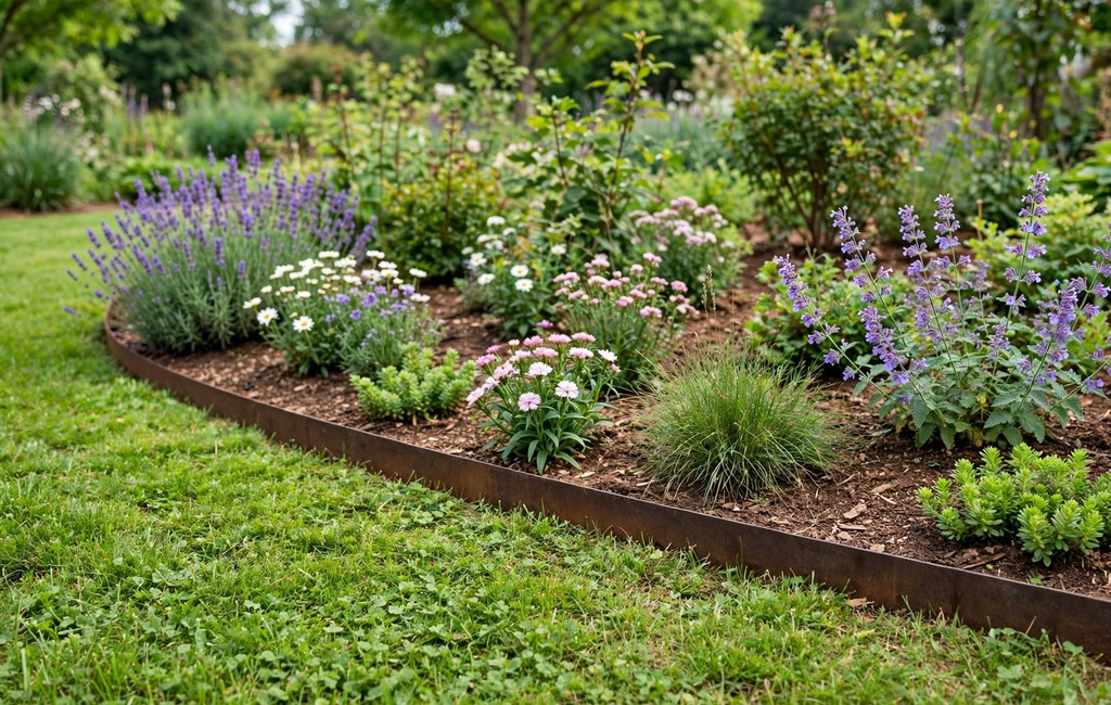 Metal edging garden beds: steel garden edging separating lawn grass from a planted flower border