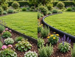 Two garden borders side by side, one with slim dark steel edging and one with flexible black plastic edging