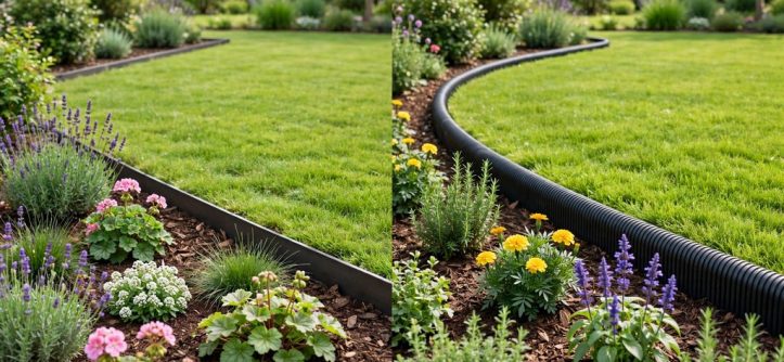 Two garden borders side by side, one with slim dark steel edging and one with flexible black plastic edging