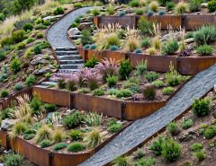 Sloping residential garden with stepped planting beds outlined by weathered steel edging