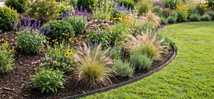 Residential flower garden with thin steel edging separating dark mulch and rich planting soil from a neatly trimmed lawn