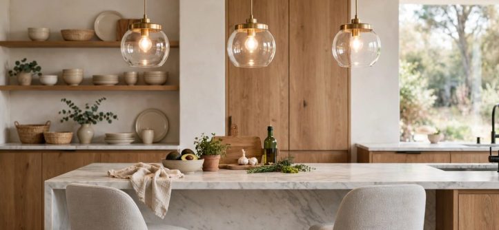 Three pendant lights hanging over a kitchen island above a marble countertop