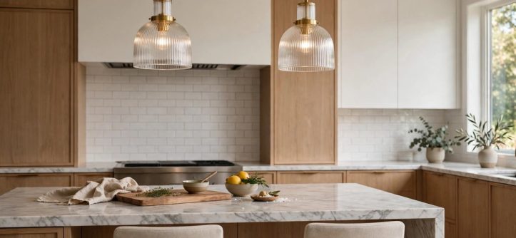 Two pendant lights hanging over a kitchen island at the correct height