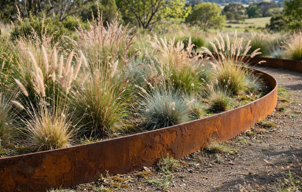 Metal garden edging: weathered corten steel edging curving around ornamental grasses