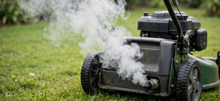 White smoke rising from a lawn mower exhaust during startup outdoors