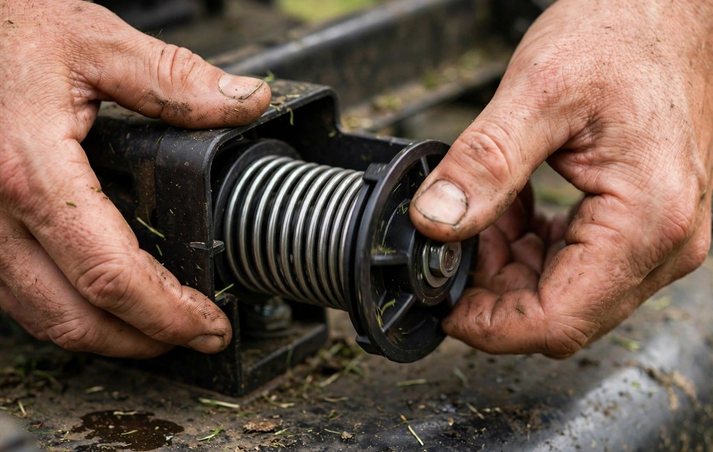 Hands winding a lawn mower starter pulley to tension the recoil spring