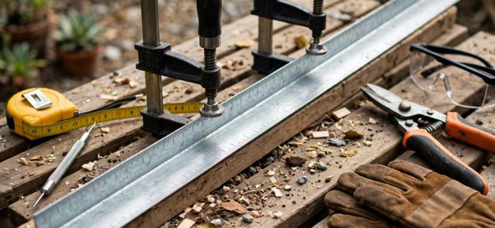 Garden landscaping workbench with a metal edging strip securely clamped for cutting, with a tape measure, marker, gloves, and safety glasses