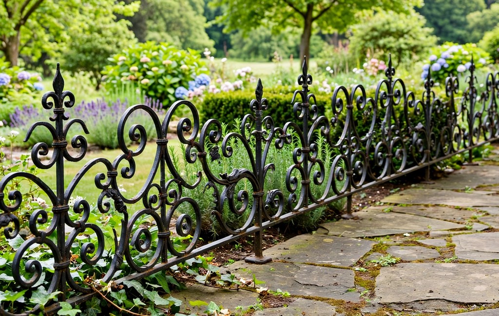 Decorative metal garden edging: ornamental wrought iron garden border with scrollwork beside a stone pathway